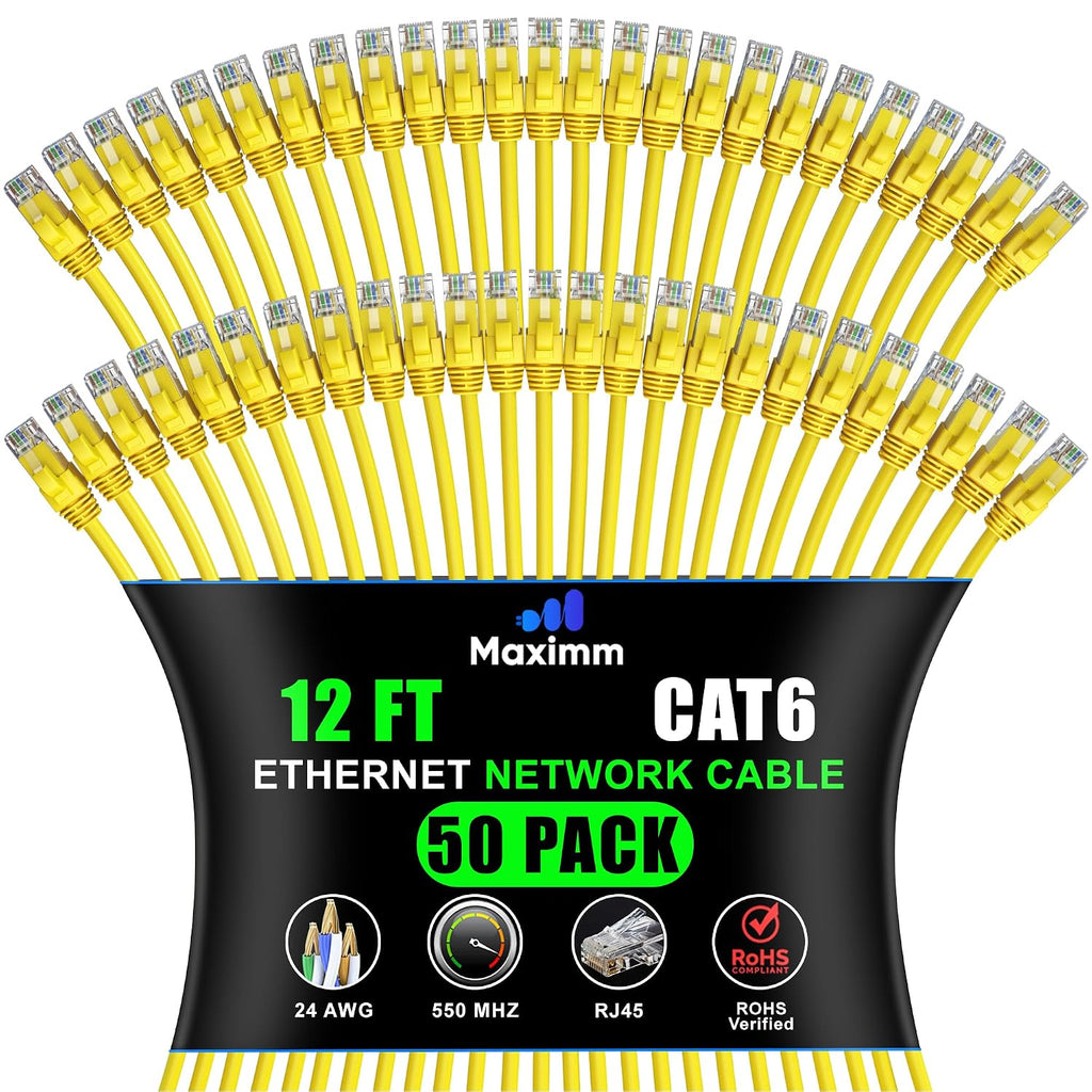 Maximm Cat 6 Ethernet Cable - 12 ft (50-Pack) - High-Speed LAN, Internet, Patch, and Network Cable - UTP, 10Gbps, 550MHz Ethernet Cord - Yellow