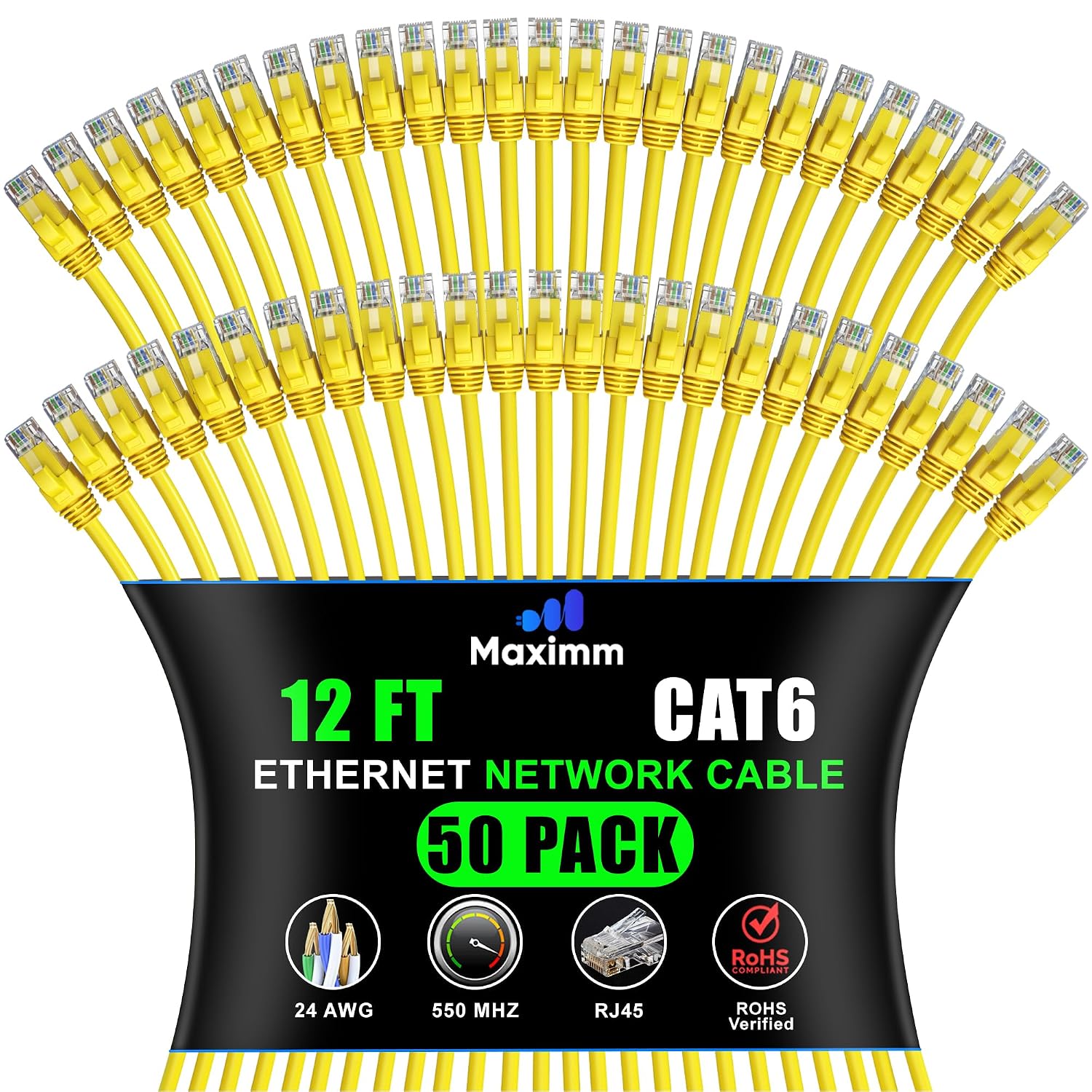 Maximm Cat 6 Ethernet Cable - 12 ft (50-Pack) - High-Speed LAN, Internet, Patch, and Network Cable - UTP, 10Gbps, 550MHz Ethernet Cord - Yellow