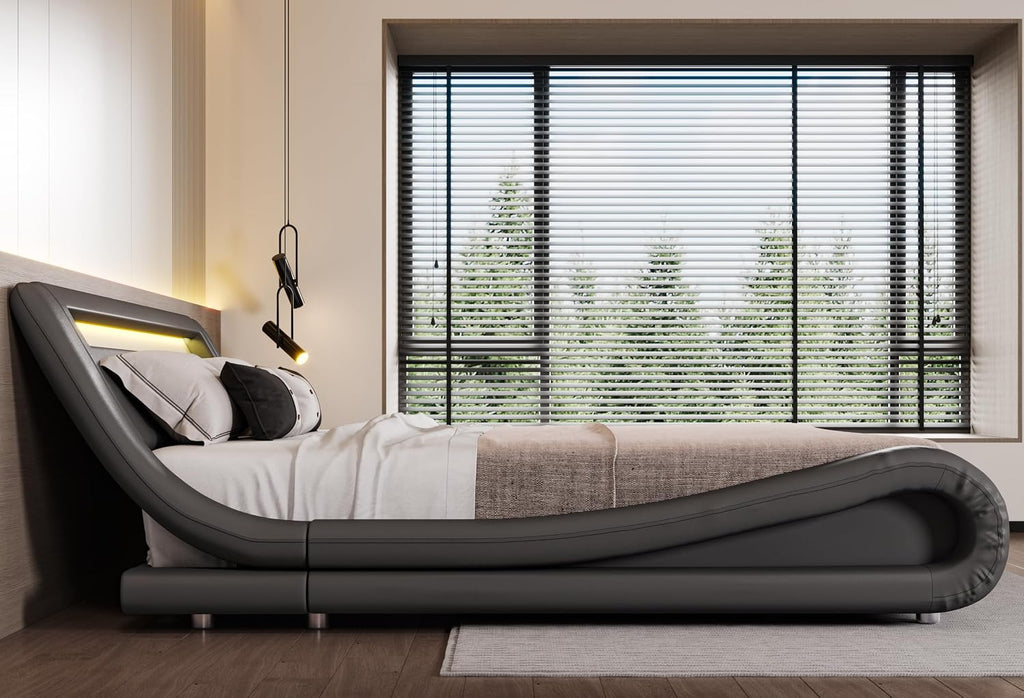 SHA CERLIN LED King Deluxe Upholstered Bed Frame with Adjustable Headboard - Low Profile Sleigh Design, Strong Wood Slats Support, No Box Spring Needed, Grey