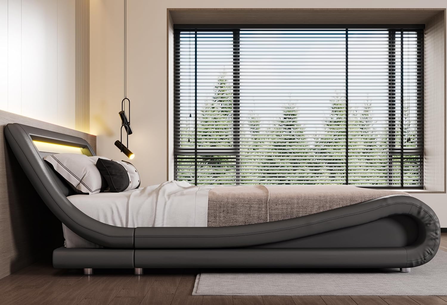SHA CERLIN LED Full Bed Frame with Adjustable Headboard - Low Profile Sleigh Design, Strong Wood Slats Support and Mattress Foundation, No Box Spring Needed, Grey