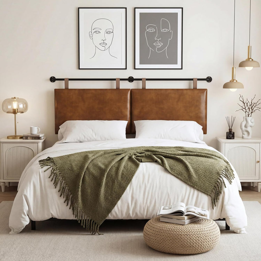 Queen Size Headboard, Wall Mounted Hanging Upholstered Bed Headboard with Modern Design Faux Leather Padded Headboards Ideal for Bedroom (Brown Leather, Queen