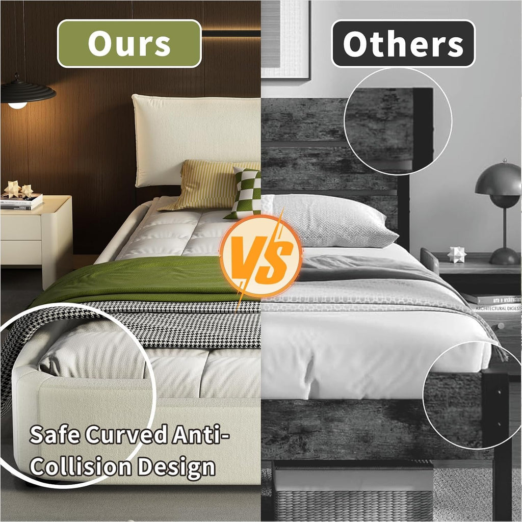 King Size Upholstered Platform Bed, Chenille Cloud Bed Frame with Oversized Padded Movable Headboard, Round Corner, Metal + Solid Wooden Slat Double Support, No Box Spring Needed (Beige+White-65)