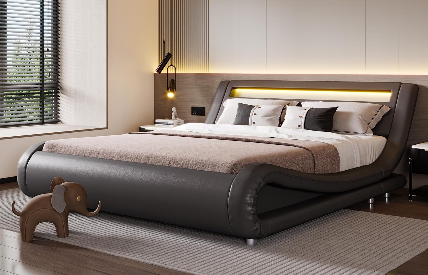 SHA CERLIN LED Full Bed Frame with Adjustable Headboard - Low Profile Sleigh Design, Strong Wood Slats Support and Mattress Foundation, No Box Spring Needed, Grey