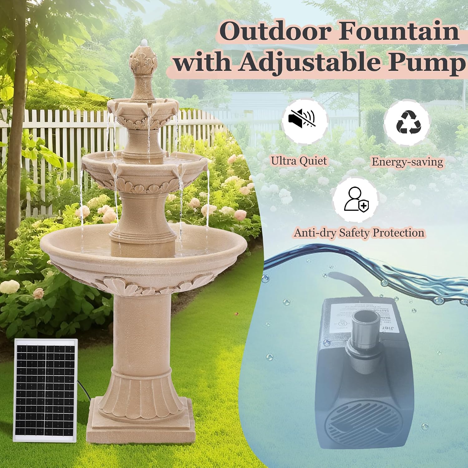 MAGIC UNION Outdoor Solar Water Fountains, 48.4''H Italian Style Garden Fountains and Waterfalls Outside, 3-Tier Large Bubbler Cascading Water Fountain with Pump and Solar Panel for Home Yard Decor