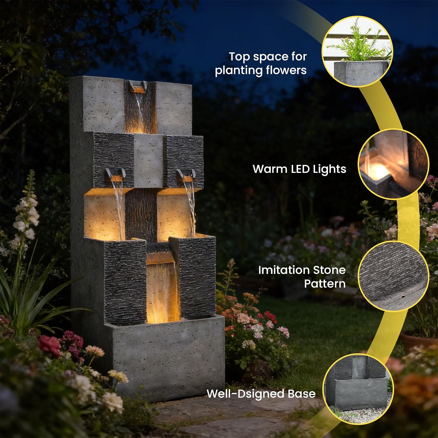 Sunlinua 45H Modern Grid Outdoor Water Fountain with LED Light Garden Cascading Waterfall Feature for Indoor or Outdoor Cascading Waterfall for Relaxing Garden Patio Backyard Deck Porch or Home Décor