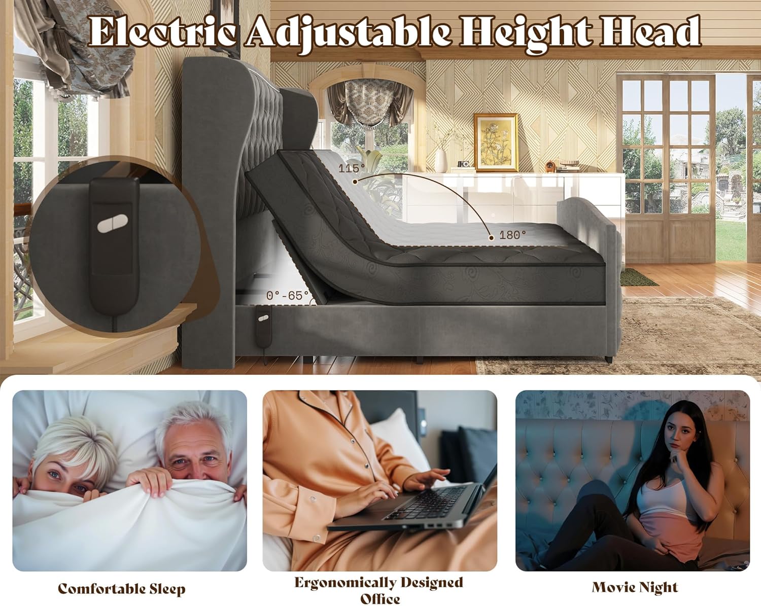 AMERLIFE 51' H Queen Size Adjustable Bed Frame with Velvet Upholstered and Deep Button Tufted Headboard, Electric Bed with Dual Motor/Nailhead Trim Wingback, No Box Spring Needed, Grey