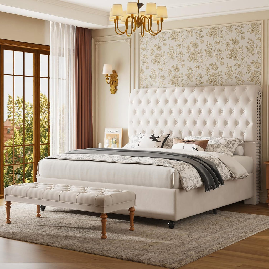 Jocisland King Bed Frame with Headboard, Velvet Sleigh Bed with Button Tufted 52.8' Tall Upholstered Headboard, No Box Spring Needed, Easy Assembly, Cream