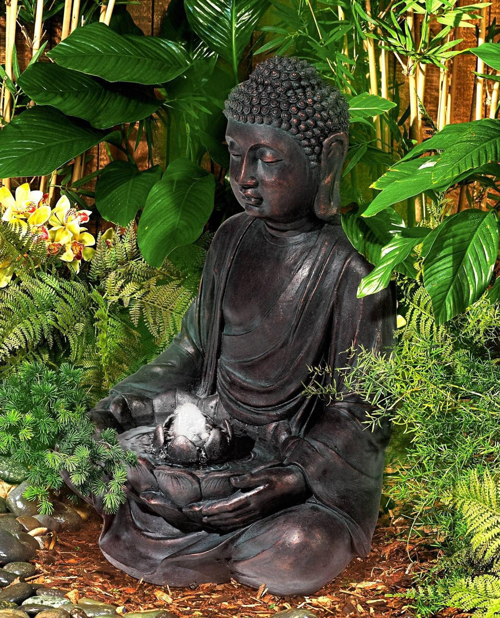 Meditating Buddha 24' High Large Zen Asian Indoor Outdoor Decor Resin Floor Fountain with Light LED Standing Bubbler Water Feature for Outside Garden Patio Yard Backyard Porch Deck - John Timberland
