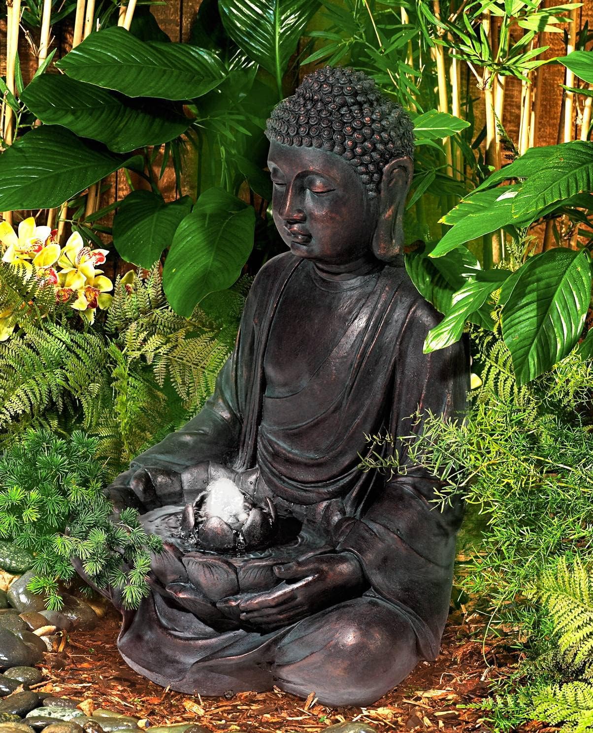 Meditating Buddha 24' High Large Zen Asian Indoor Outdoor Decor Resin Floor Fountain with Light LED Standing Bubbler Water Feature for Outside Garden Patio Yard Backyard Porch Deck - John Timberland