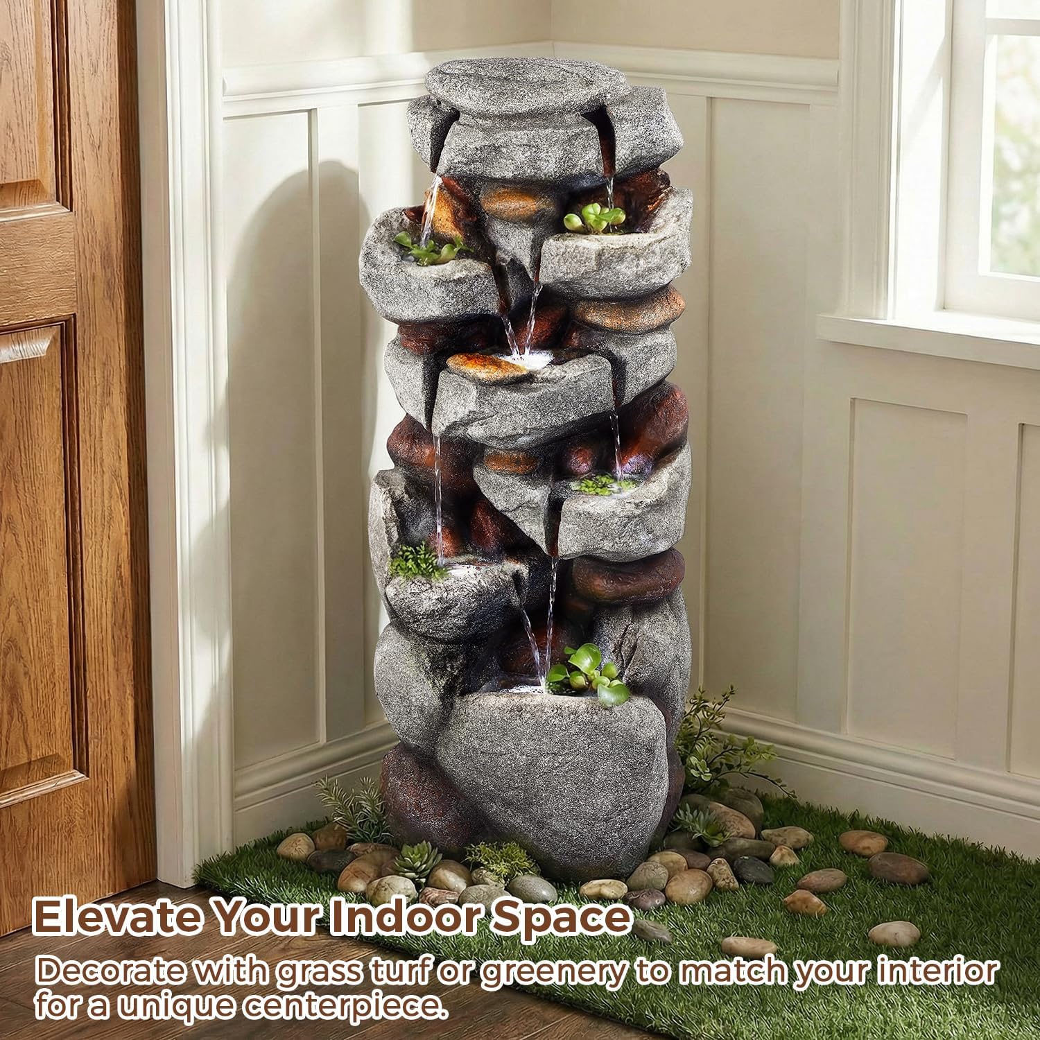40' H Outdoor Water Fountain, Cascading Rock Waterfall Fountain with 6 White LED Lights, 7-Tiers Large Water Feature for Outdoor, Garden Water Fountain for Patio, Yark, Deck, Porch, Home Decor