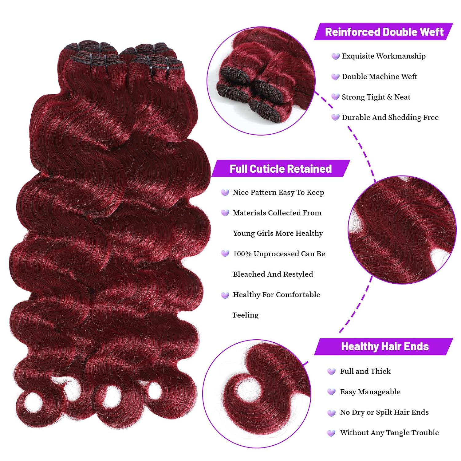 99J Burgundy Human Hair Bundles Body Wave Human Hair 15A,Triple Lifespan Indian Hair,No Tangle Shedding,Multiple Washes Keep Texture Silky Soft (99J burgundy bundles, 14 16 18 20)