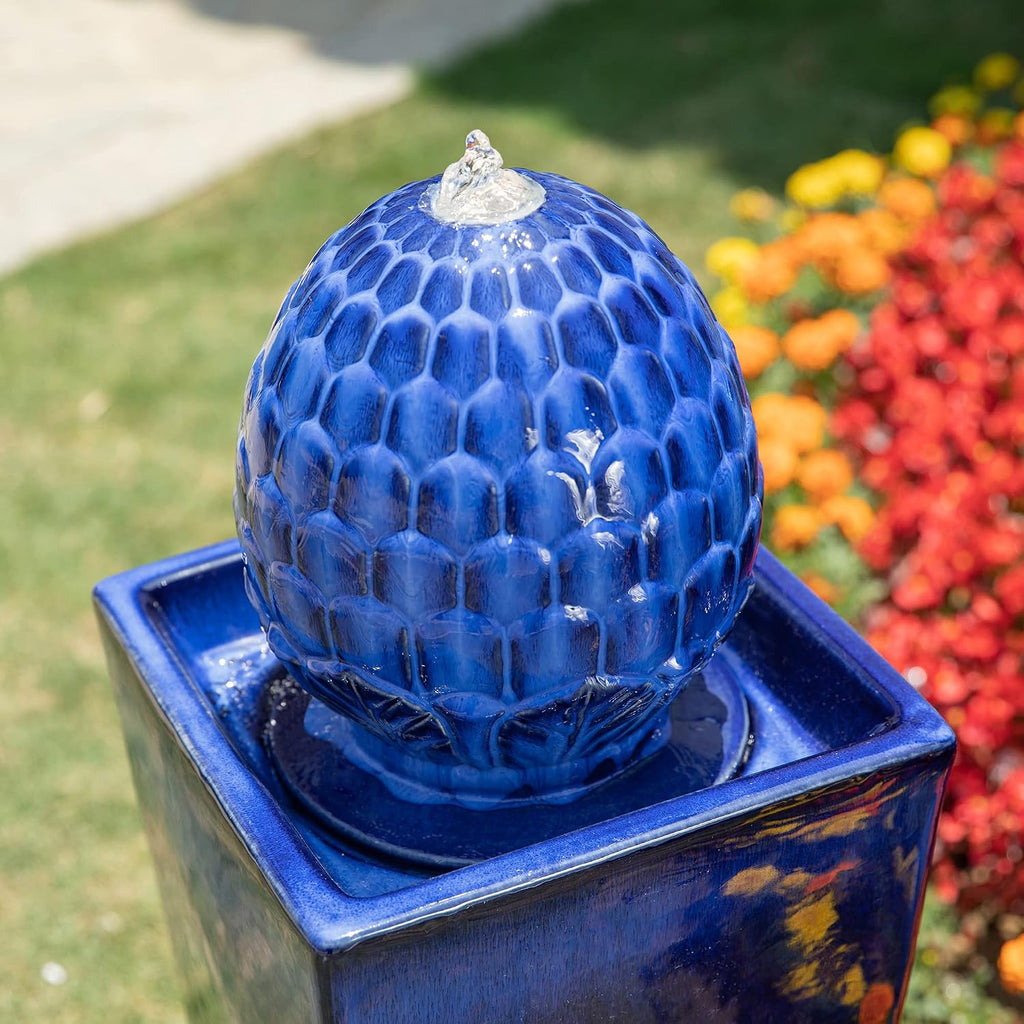 Glitzhome Water Fountain Outdoor with LED Light, Oversized Ceramic Pedestal Garden Fountains Outdoor, Artichoke Outdoor Fountains and Waterfalls Water Feature, Cobalt Blue, 35.75' H