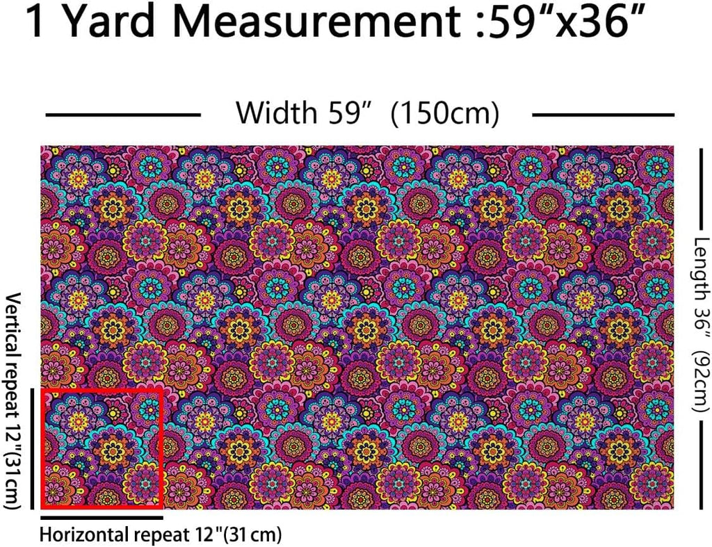 Mandala Flower Fabric by The Yard Watercolor Retro Bohemian Floral Plant Home DIY Fabric by The Yard Cartoon Cute Boho Style Soft Flannel Polyester No Stretch Fabric Quilting Sewing,10 Yards