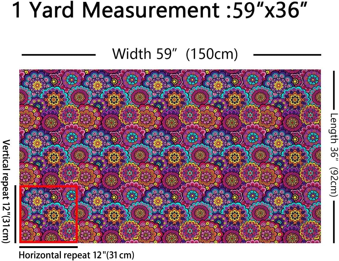 Mandala Flower Fabric by The Yard Watercolor Retro Bohemian Floral Plant Home DIY Fabric by The Yard Cartoon Cute Boho Style Soft Flannel Polyester No Stretch Fabric Quilting Sewing,10 Yards