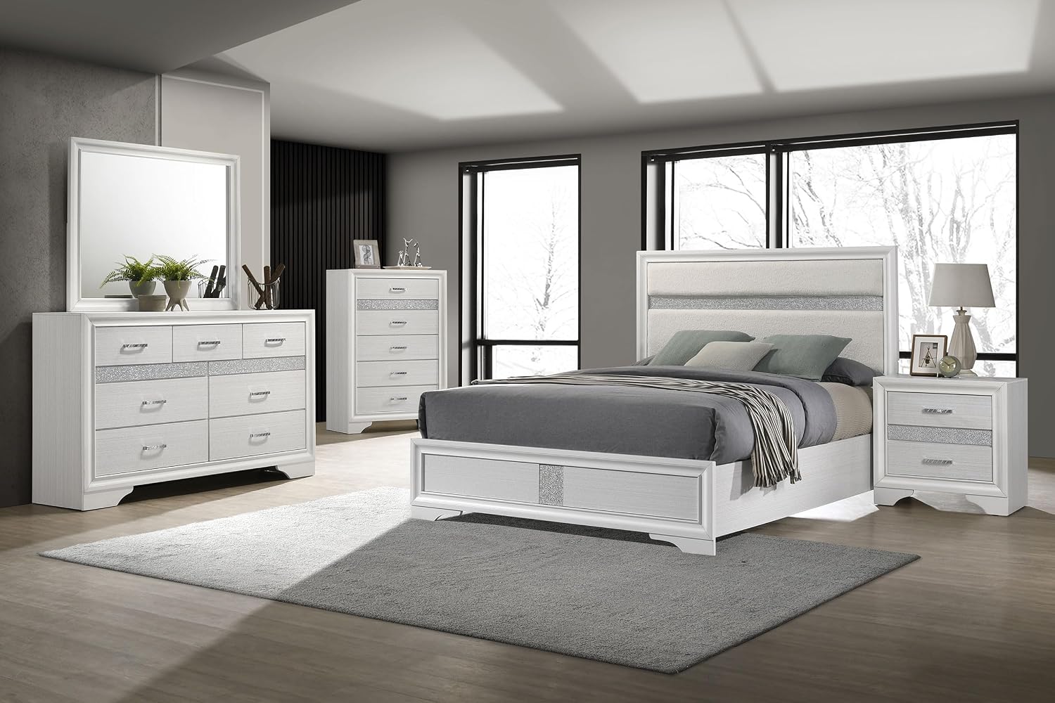 Coaster Home Furnishings Miranda Contemporary 4-Piece Bedroom Set Fabric Upholstered Queen Size Panel Bed Frame 54-inch Headboard White 205110Q-S4