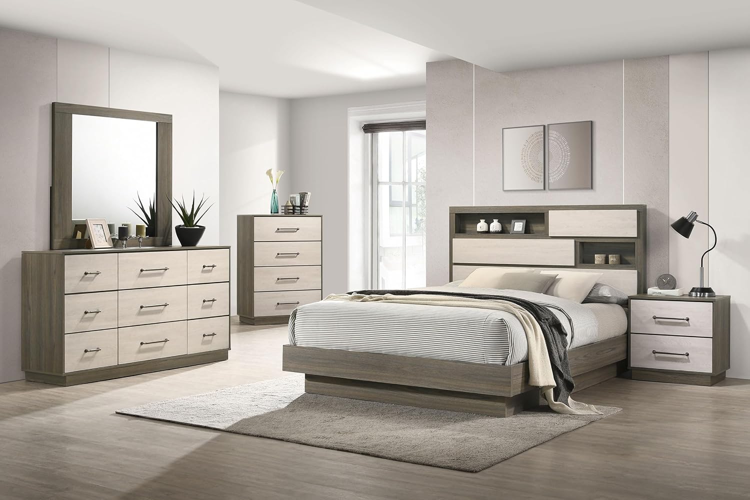 Coaster Home Furnishings Fenwick Contemporary 5-Piece Bedroom Set Queen Size Bookcase Bed Frame 48-inch Headboard Grey Oak/Almond 224981Q-S5