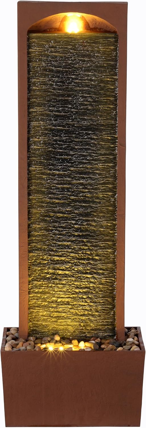 Teamson Home 38.5' Faux Slate Contemporary Outdoor LED Waterfall Fountain with Pebble Base, Red Rock