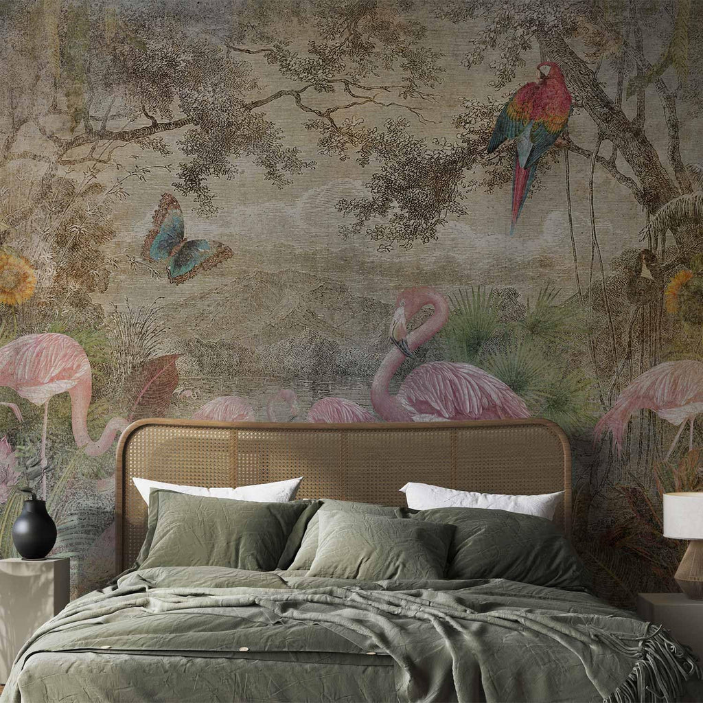 artgeist Premium Wall Mural Retro 177x124 in - XXL Non-Woven Wallpaper Fleece Wall Decor Photo Print Picture Image Abstract Vintage Flowers Animals Flamingo g-C-0392-a-a