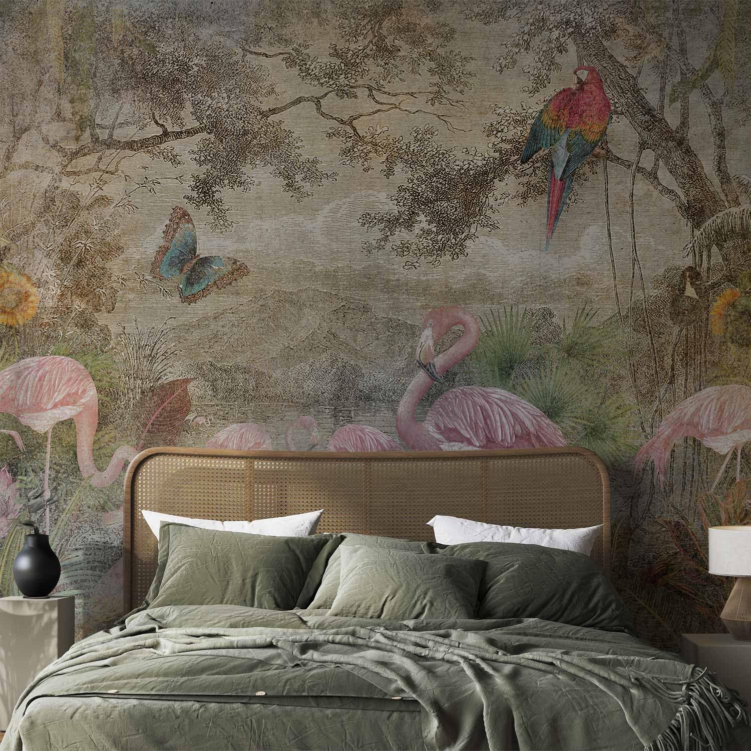 artgeist Premium Wall Mural Retro 197x138 in - Non-Woven Wallpaper Fleece Wall Decor Photo Print Picture Image Abstract Vintage Flowers Animals Flamingo g-C-0392-a-a