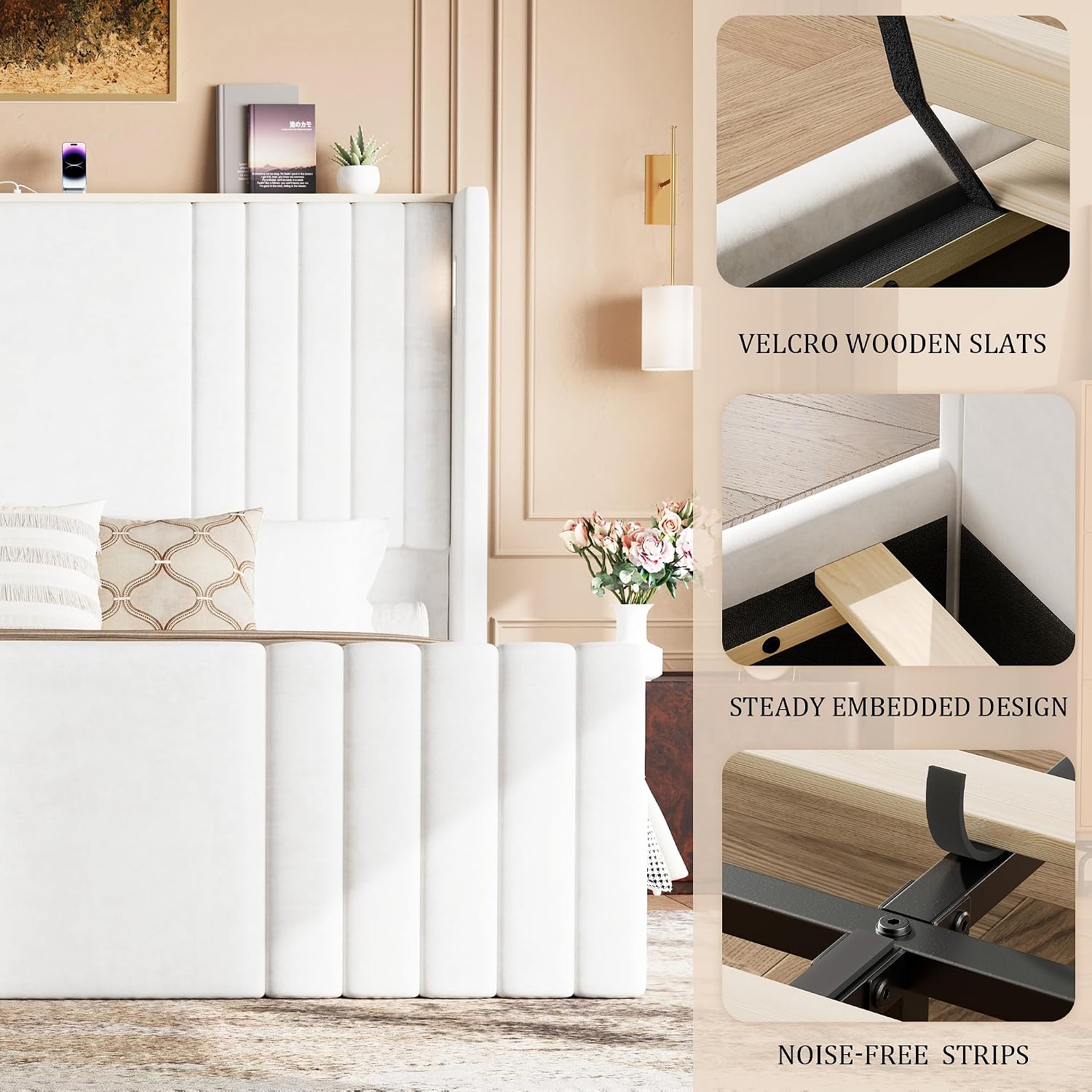 Queen Bed Frame with 55.1' Tall Headboard, Velvet Upholstered Platform Bed with Channel Tufted Wingback, 2 Reading Lights/Storage Shelf/Charging Station/Easy Assembly/Noise-Free, Cream
