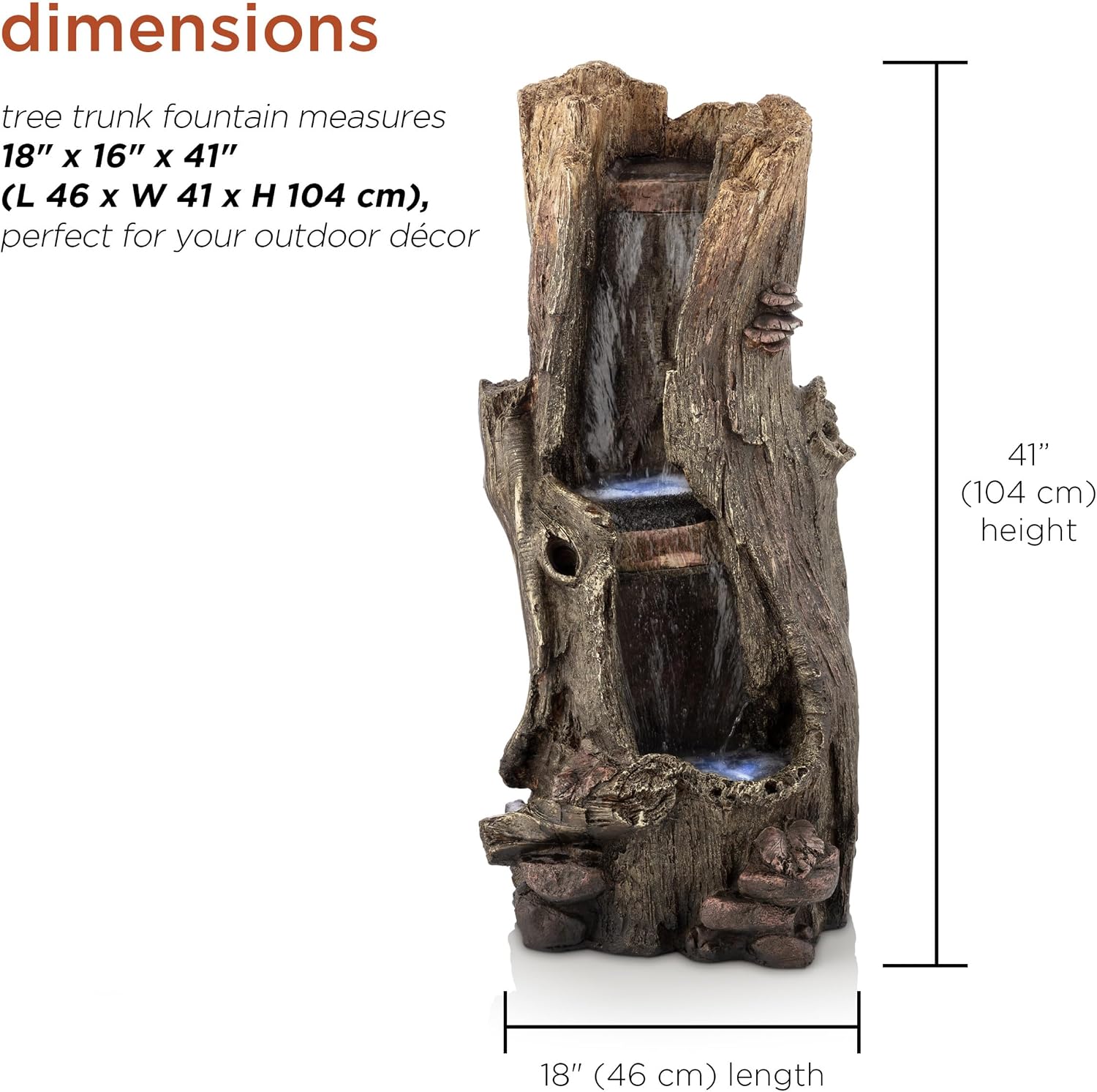 Alpine Corporation WIN258 Outdoor Rainforest Waterfall Tree Trunk Floor Fountain with LED Lights, Tiered Garden Decor, 41' H, Brown