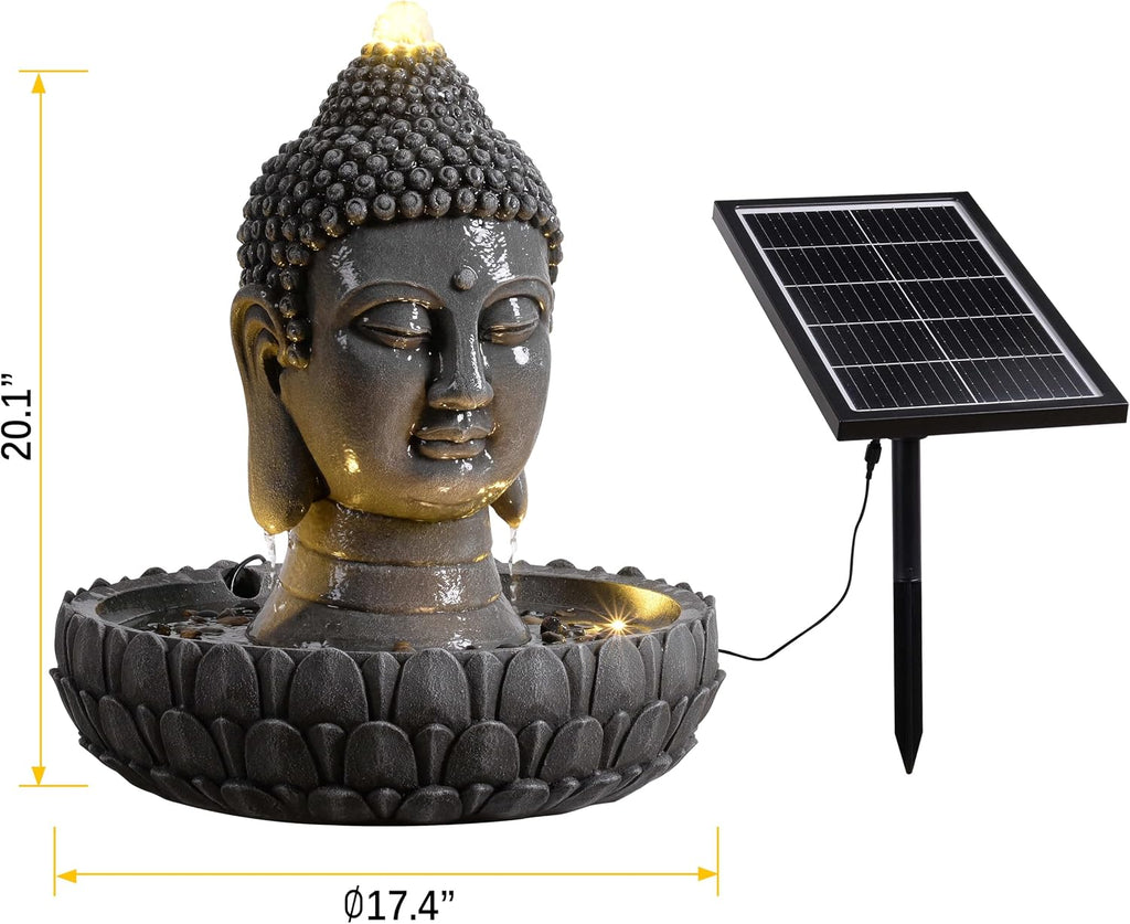 Solar Powered Buddha Statue Water Fountain Outdoor, Zen Waterfall Fountain with LED Lights, Peaceful Relaxing Water Feature Landscape Decor for Garden, Patio, Yard