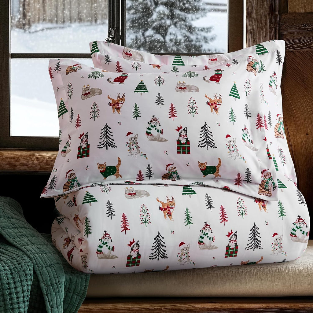 Levtex Home - Meowy Christmas Comforter Set - Full/Queen Comforter (90x94in.) + Two Shams (20x26in.) - Holiday Cats - White Red Green - Reversible - Polyester