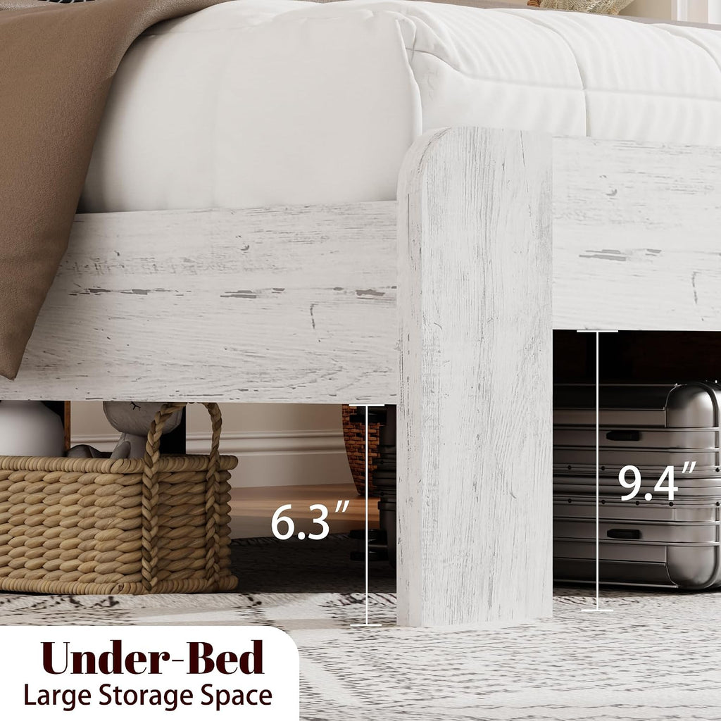 Full Size Bed Frame with Headboard – Farmhouse Style Platform with LED Lights USB Charging No Box Spring Easy Assembly White Boho Bed Frame Modern Bedroom Sets (Boho White, Full)