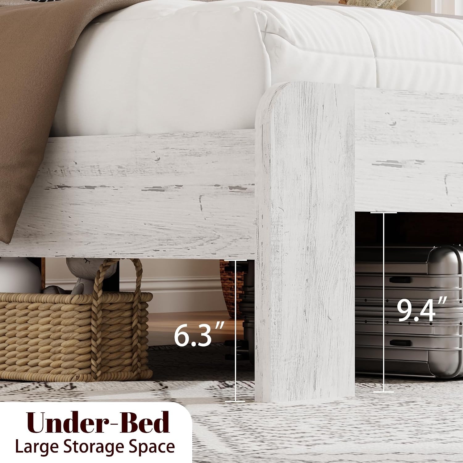 Full Size Bed Frame with Headboard – Farmhouse Style Platform with LED Lights USB Charging No Box Spring Easy Assembly White Boho Bed Frame Modern Bedroom Sets (Boho White, Full)