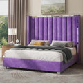 Jocisland Queen Bed Frame with 58' Tall Headboard, Velvet Upholstered Platform Bed with Channel Tufted Wingback Headboard and Plating Trim, No Box Spring Needed, Purple