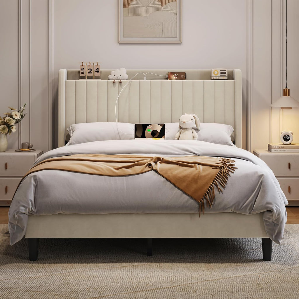 Yaheetech Queen Bed Frame with USB Charging Station and Storage Shelf/Upholstered Headboard Platform Bed with Wing Side/Wooden Slats Support/Noise Free/No Box Spring Needed/Easy Assembly, Cool Beige
