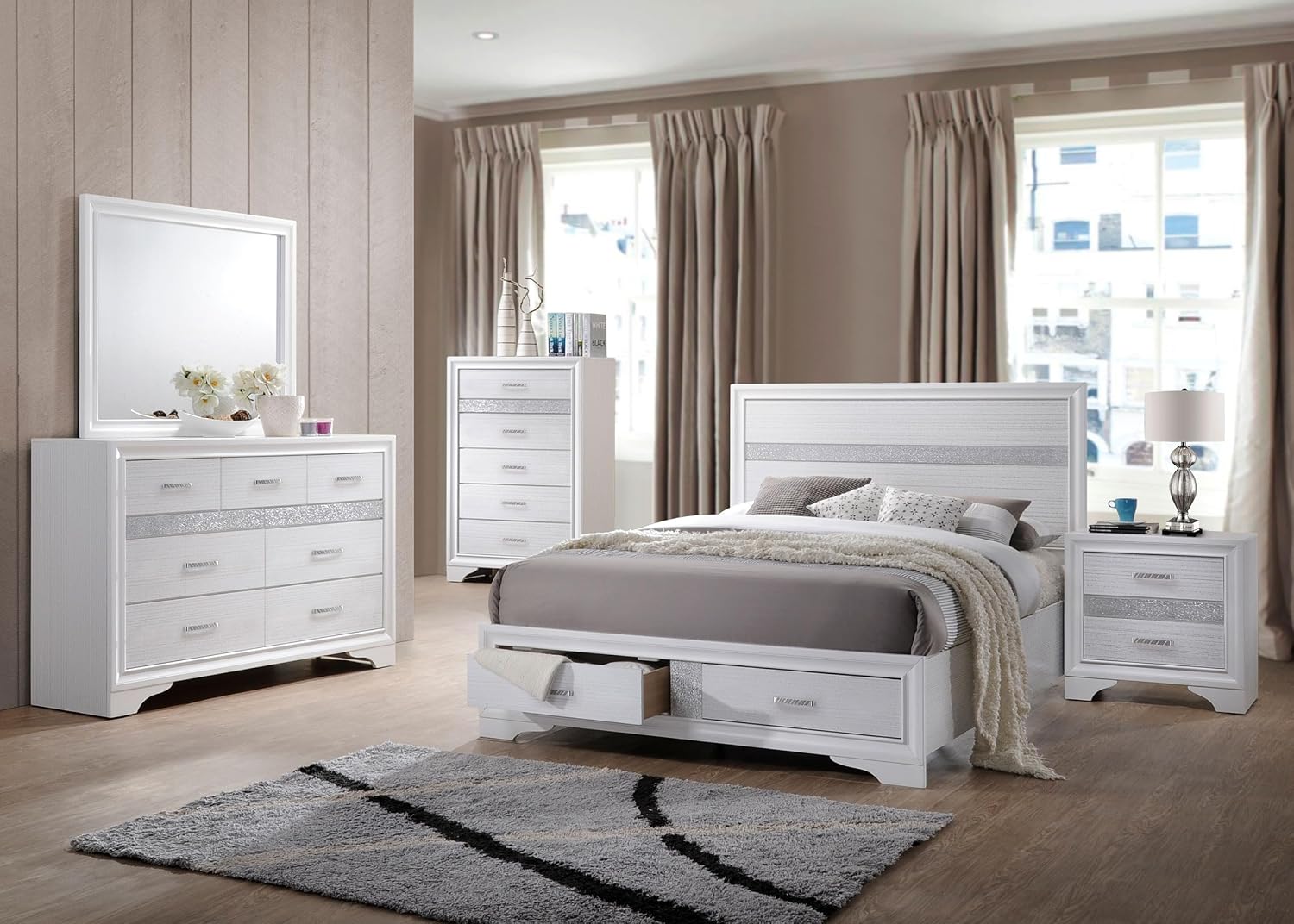 Coaster Home Furnishings Miranda Contemporary 5-Piece Bedroom Set Queen Size Storage Panel Bed Frame 50-inch Headboard White 205111Q-S5
