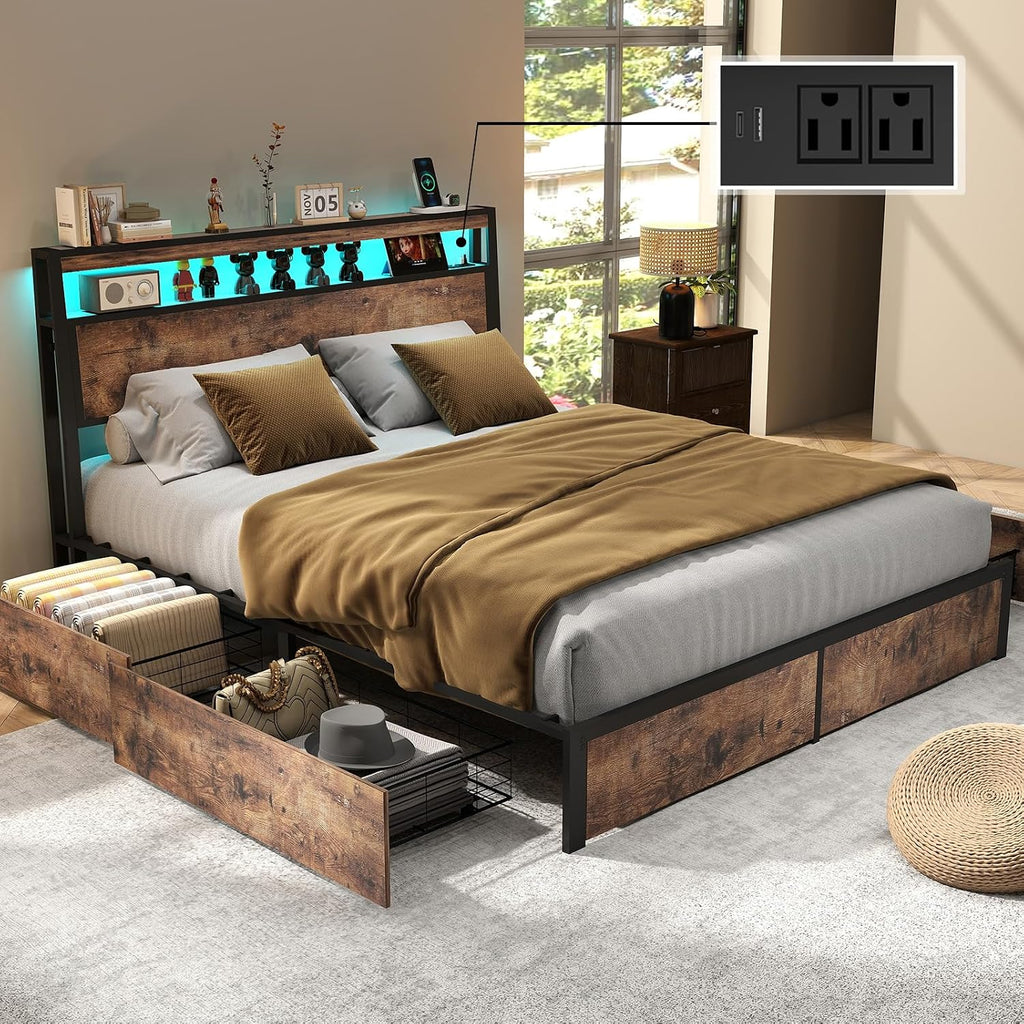 Queen Size Bed Frame with 4 Storage Drawers and Headboard with Charging Station and LED Lights,2 Tier Solid Wood Headboard Storage,Noise Free, No Box Spring Needed/Remote Control/Vintage Brown