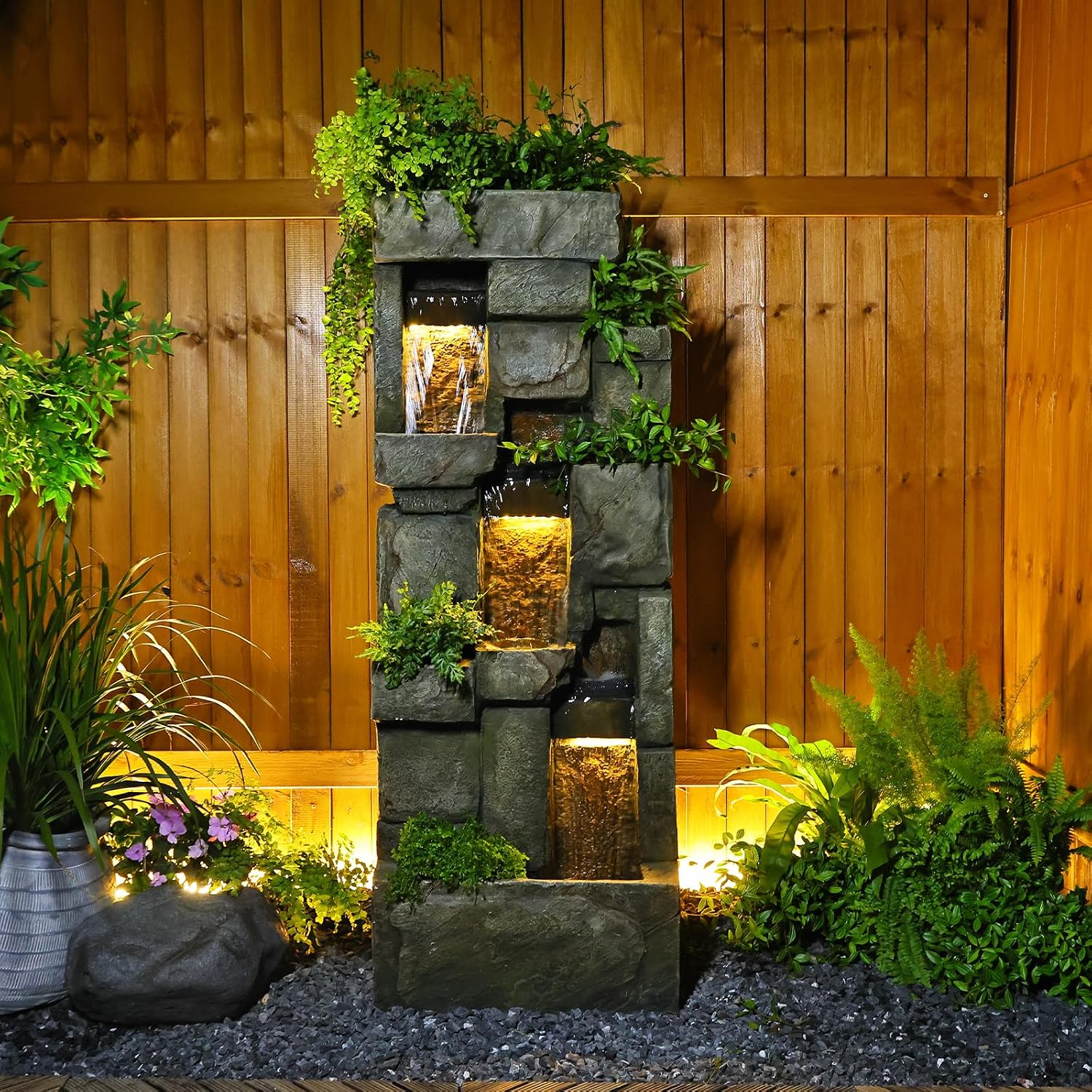 Tall Water Wall Fountain Outdoor with LED Lights, 56.3' Large Resin Cascading Waterfall Feature with Planter Design for Garden Patio Backyard Décor, Large Outdoor Fountain