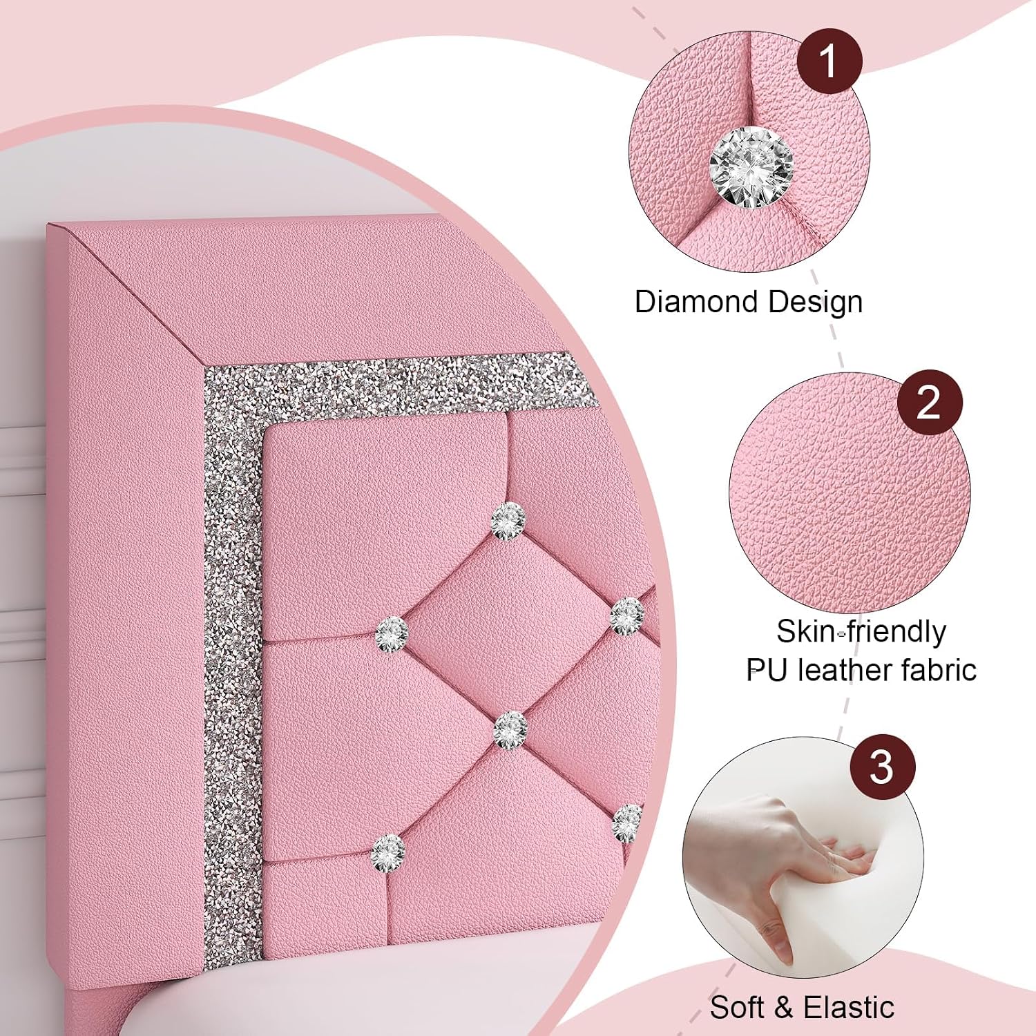 HOMBCK Twin Bed Frame with Diamond Headboard, Faux Leather Upholstered Platform Bed, Mattress Foundation, No Box Spring Needed, Easy Assembly, Pink