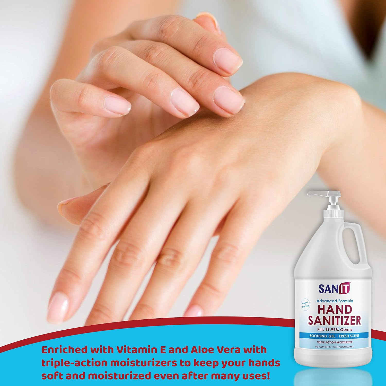 Sanit Moisturizing Hand Sanitizer Gel 70% Alcohol - Kills 99.99% Germs, Advanced Formula with Vitamin E and Aloe Vera - Soothing Gel, Fresh Scent, Made in USA - 1 Gallon with Pump, 4 Pack
