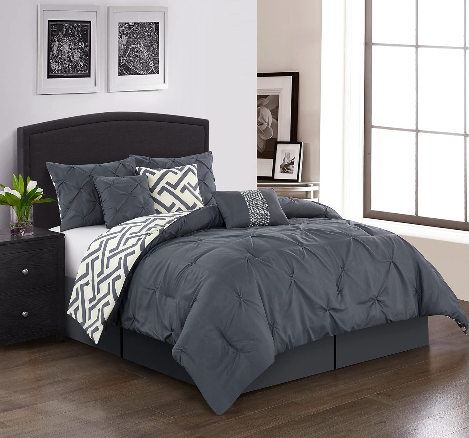 Stratford Park Chev Pintuck 7-Piece Reversible Comforter Bedding Set Grey, King, 100% Polyester