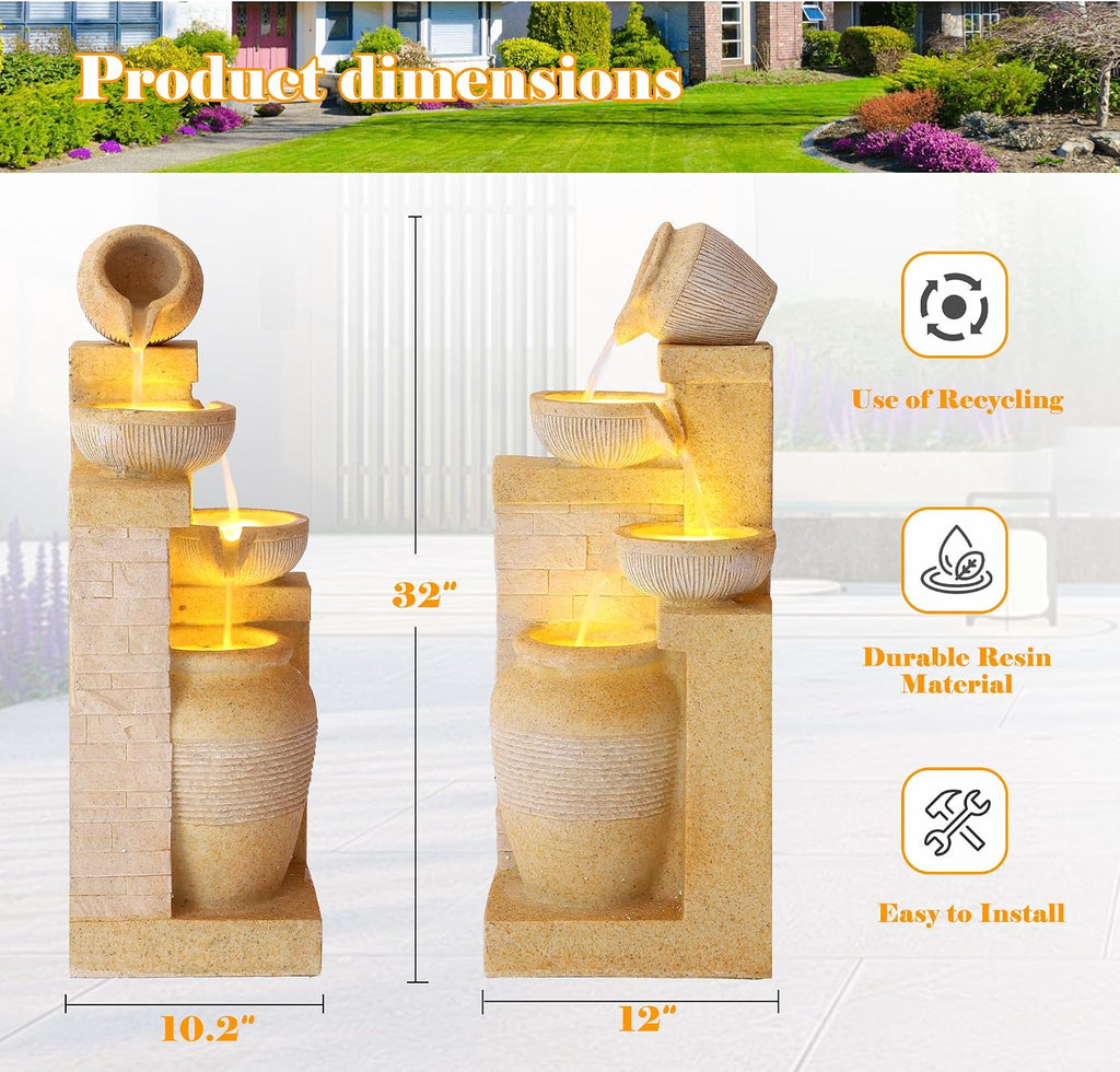 32' Outdoor/Indoor Garden Water Fountains, 4 Tiers Cascading Resin Fountains and Waterfalls with LEDs & Bowls, Modern Floor-Standing Patio Fountain for Porch, Deck, Yard (Bright Yellow)