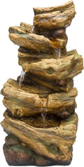 Alpine Corporation TZL226 Outdoor 4 Tier Log Tree Trunk Waterfall Floor Fountain with LED Lights, Tiered Garden Décor, 24' H, Brown