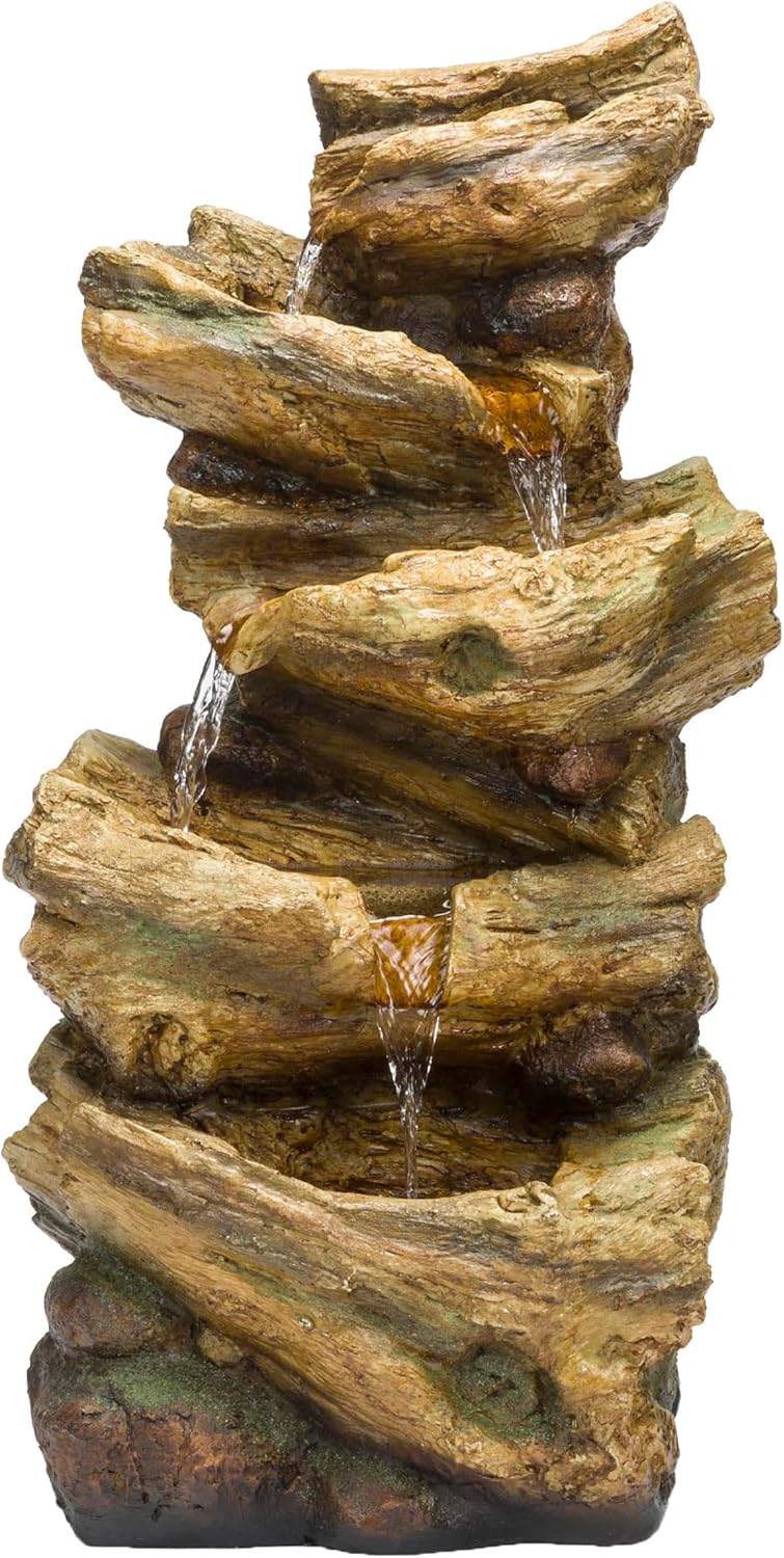 Alpine Corporation TZL226 Outdoor 4 Tier Log Tree Trunk Waterfall Floor Fountain with LED Lights, Tiered Garden Décor, 24' H, Brown
