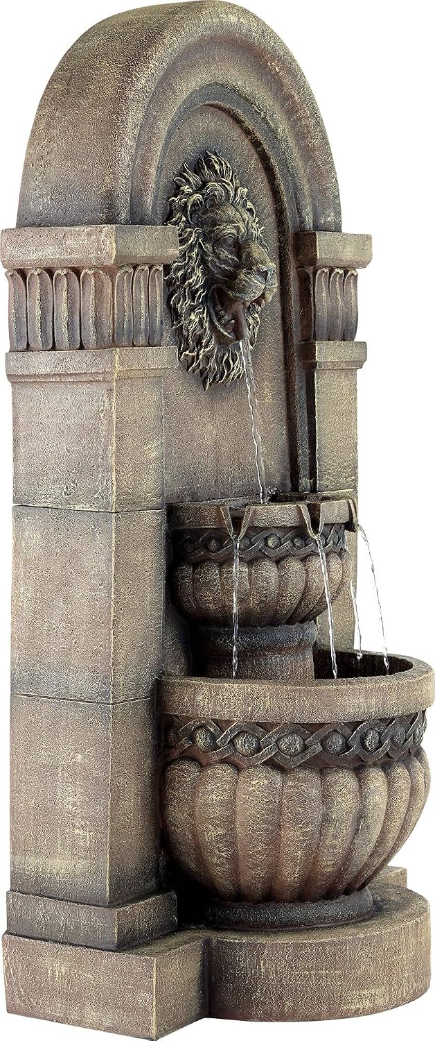 Royal Lion Face 50' High Large Italian Indoor Outdoor Decor Faux Stone Floor Fountain with Light LED Waterfall 2-Tier Statue Water Feature for Outside Garden Patio Yard Backyard - John Timberland
