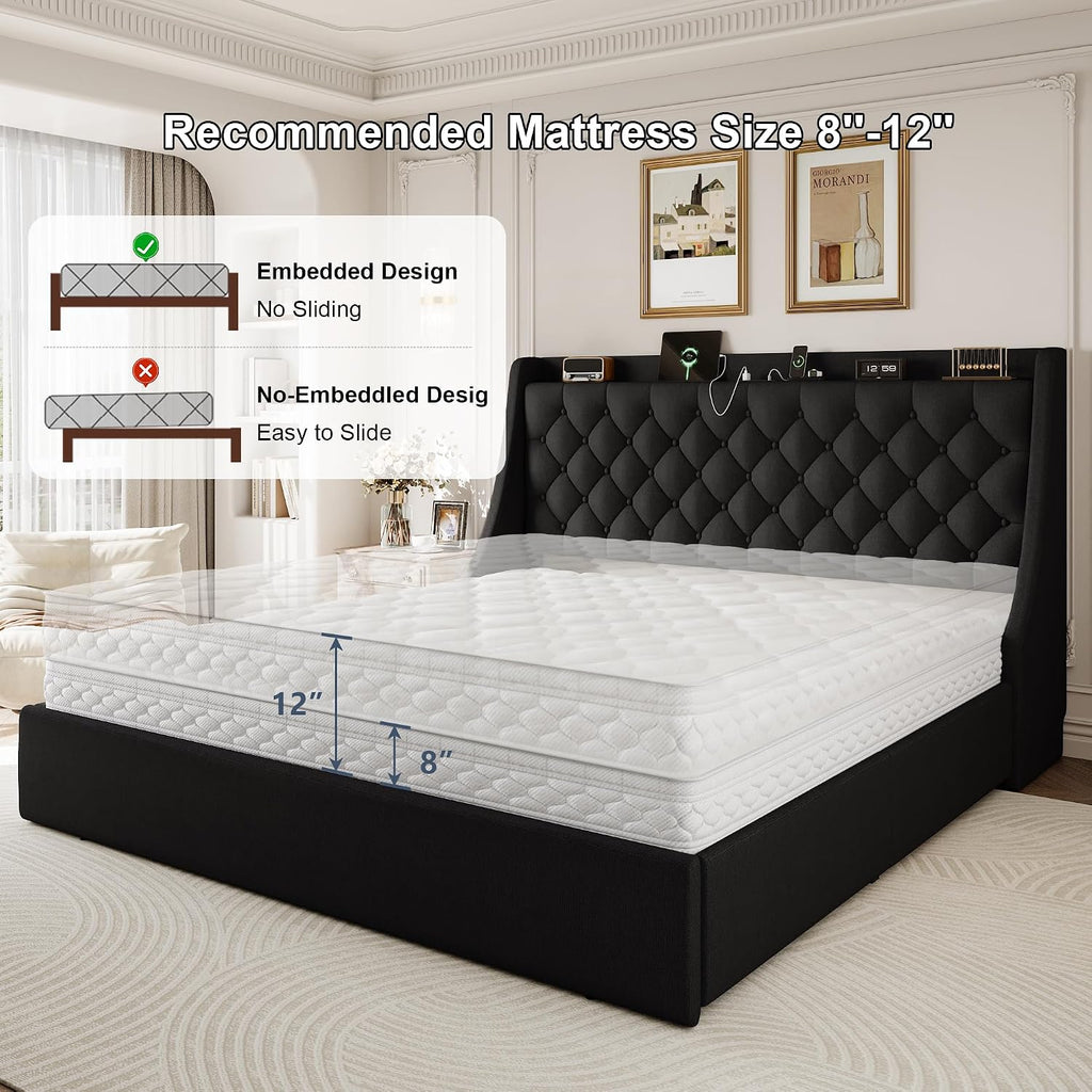 Bed Frame King Size with 4 Storage Drawers & Charging Station, Linen Upholstered Platform Bed with Button Tufted Wingback Headboard, Sturdy Wooden Support Slats, No Box Spring Needed, Black