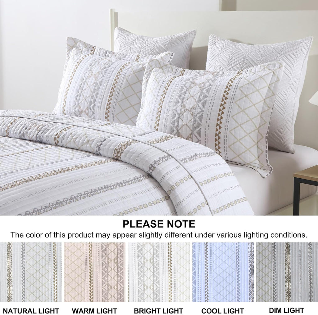 PERHOM Cotton Quilt King Size - 3 Pieces 100% Cotton Boho Striped Lightweight Soft Beige Gray White King Quilt Set with 2 Shams, Bohemian Pattern King Bedspread/Coverlet/Bedding Set for All Seasons