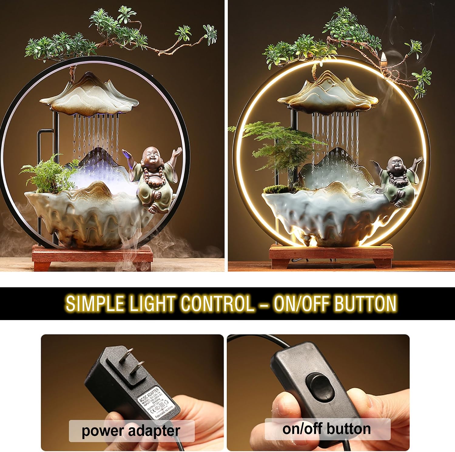 Ceramic Maitreya Buddha Incense Burner, Waterfall Lotus LED Light Ring Backflow Aromatherapy Ornament, with Incense Cones for Home Office Decor for Relaxation Yoga Gift (Buddha-2)