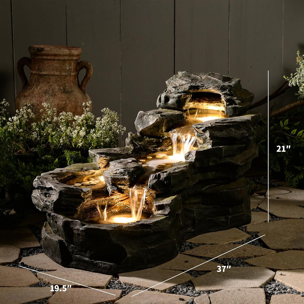 37' L Garden Outdoor Water Fountain, Floor Standing 5-Tiers Rock Natural Waterfall Outdoor Fountains with LED Lights for Patio, Porch, Home Art Decor
