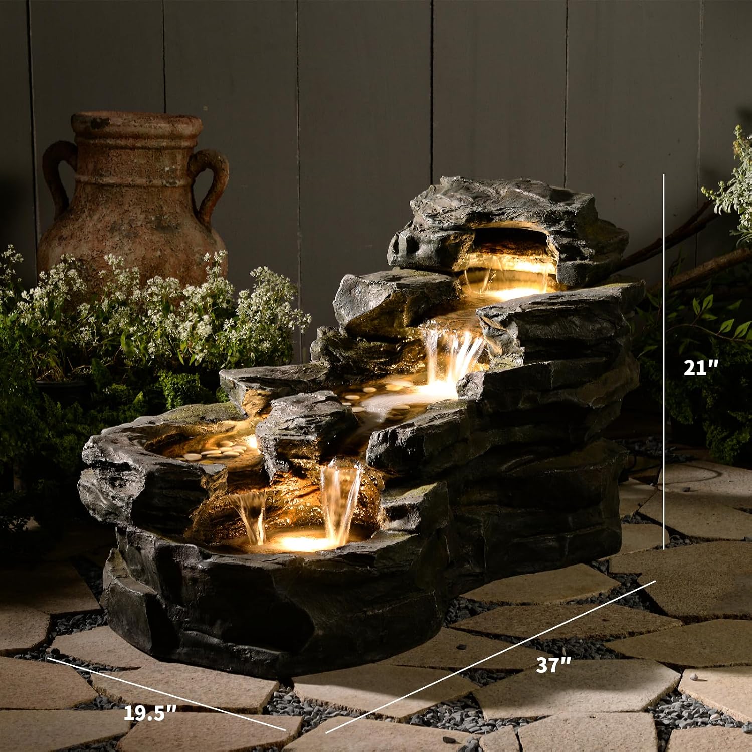 37' L Garden Outdoor Water Fountain, Floor Standing 5-Tiers Rock Natural Waterfall Outdoor Fountains with LED Lights for Patio, Porch, Home Art Decor