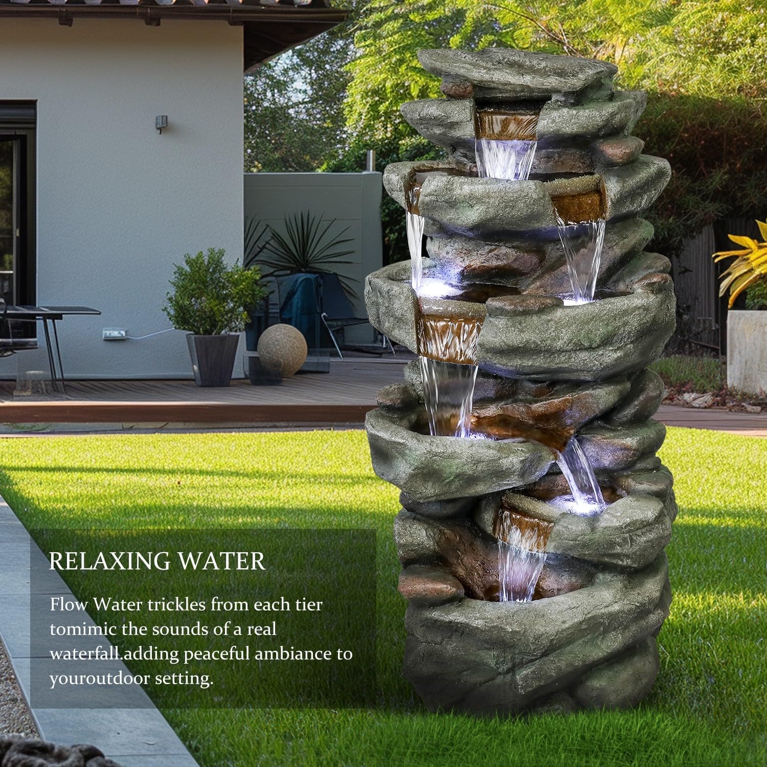SunJet 40.5' High Rocks Outdoor Water Fountain - 6-Tiers Cascading Waterfall with LED Lights, Soothing Tranquility for Home Garden, Yard Decor