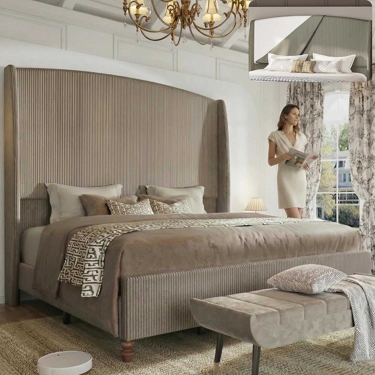 65.7' Tall Headboard California King Size Upholstered Bed Frame with Wingback, Soft Washable Corduroy Beds Cover, Solid Wood Legs, Noise-Free, No Box Spring Needed, Light Gray