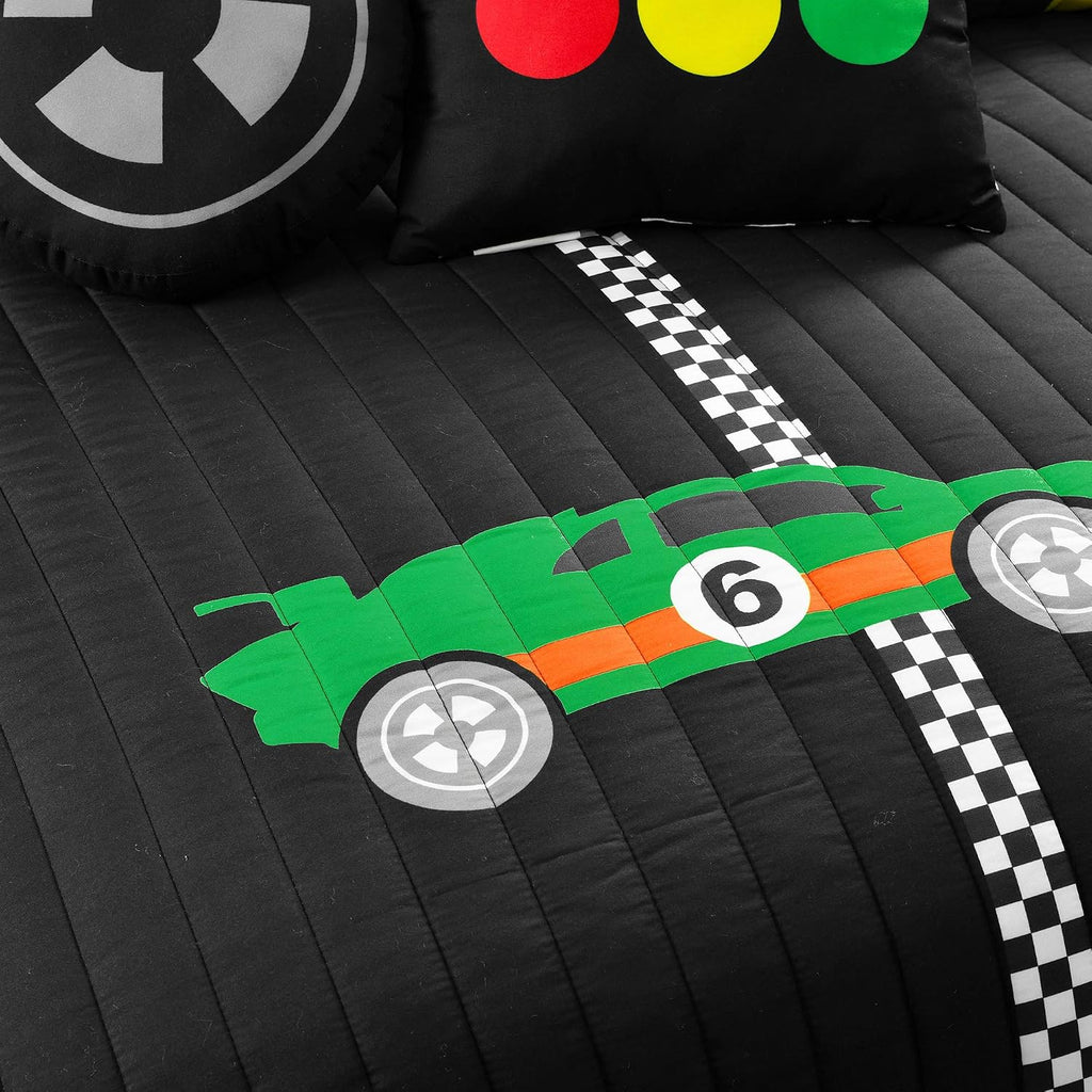 Lush Decor Racing Cars Reversible Quilt Queen Size 5 Piece Set Full/Queen Black & Multi - Kids Bedding Set Queen Quilt - Car Decor