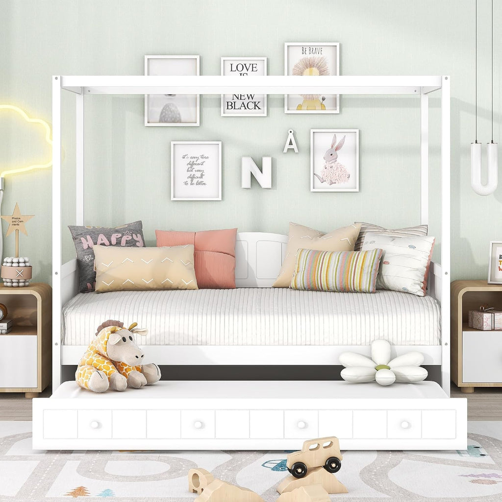 Harper & Bright Designs Twin Size Canopy Day Bed with Twin Size Trundle, White